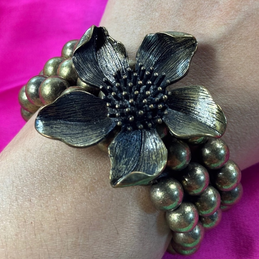 Vintage Antique Gold Tone Floral Beaded Triple Strand Stretch Statement Bracelet
